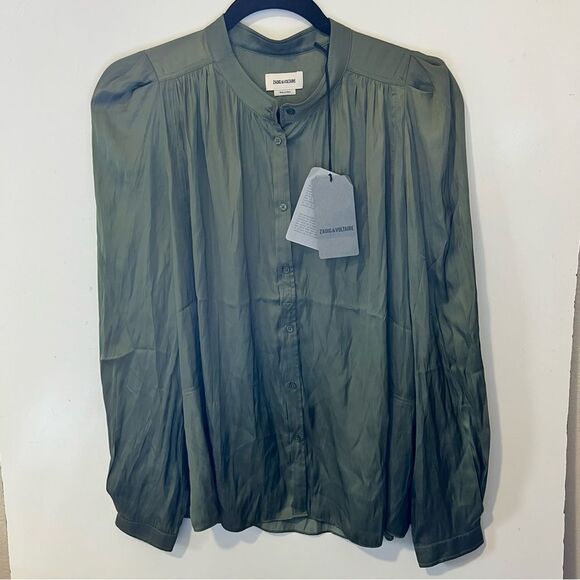 Zadig & Voltaire Green Blouse with Pleated Details and Mandarin Collar - Picture 1 of 9